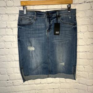 NEW Kut from the Kloth Connie Skirt Hi Low Raw Hem Denim Jean Skirt